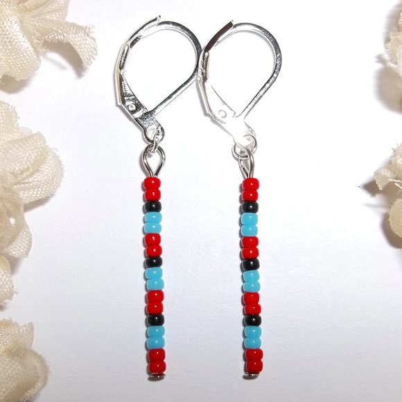 Linear Seed Bead Drop Earring Minimalist Sleek Red Turquoise Blue Black Set A726 - Picture 1 of 9